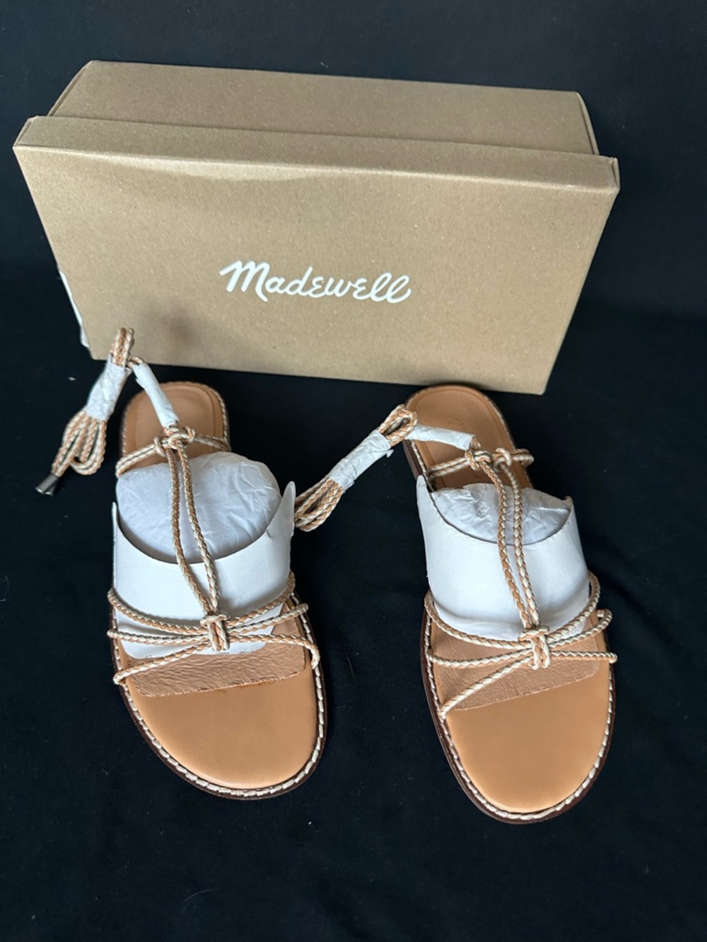 Madewell White Leather Braided Lace-Up Sandals with Tan Footbed 5 NIB
